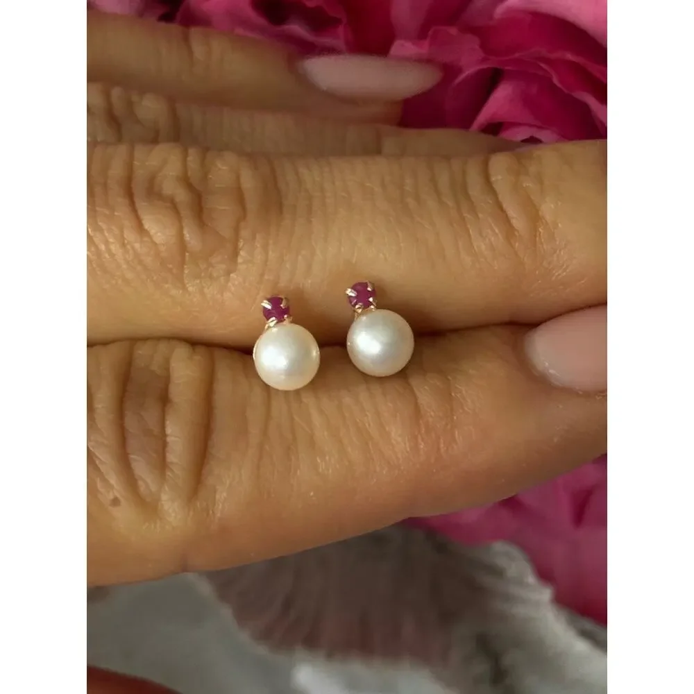 14K Yellow Gold Pearl & Ruby Stud Earrings